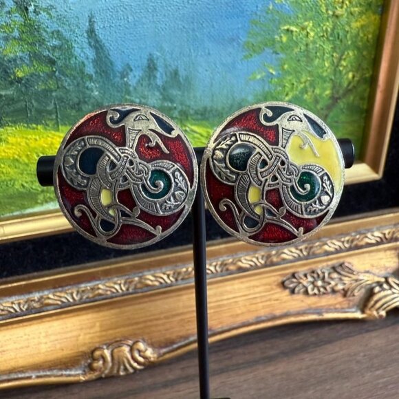 Vintage SoldOr Miracle Celtic Knot Dragon Enamel Clip-On Earrings Red & Yellow - Picture 1 of 8